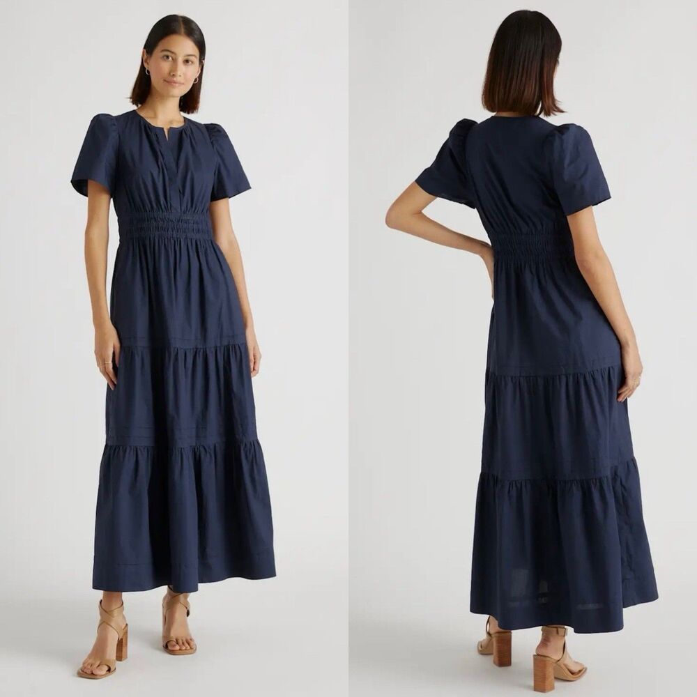Quince Organic Cotton Poplin Tiered Maxi Dress Navy Blue Smocked Pockets Medium